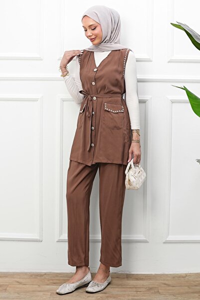 İmajButik Set vestă și pantaloni cu detalii din mărgele de nurcă