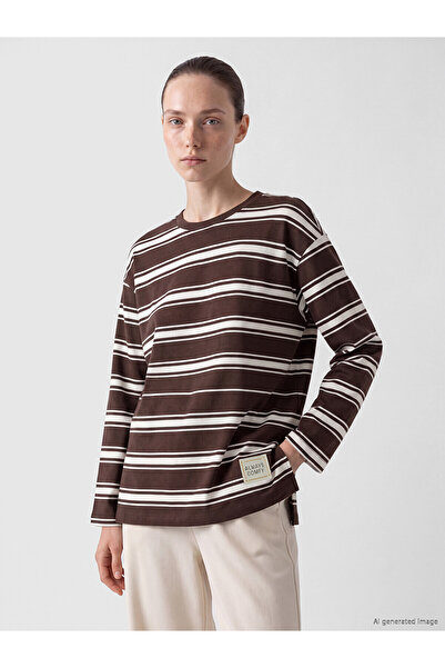 LC Waikiki LCW Comfort Ekru Bisiklet Yaka Çizgili Kadın Sweatshirt