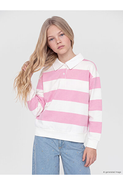 LC Waikiki Lcw Kids Pink Polo Collar Striped Girls' Sweatshirt