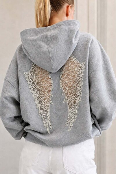 BALİNA Gri Wing Sırt Dantel Kanat Detaylı Sweat Sweatshirt