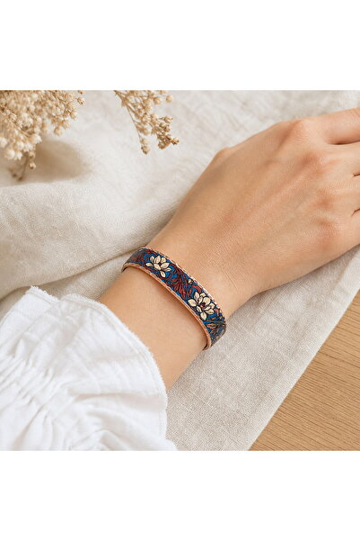 Erol Bakır Blue and white floral thin copper bracelet, adjustable