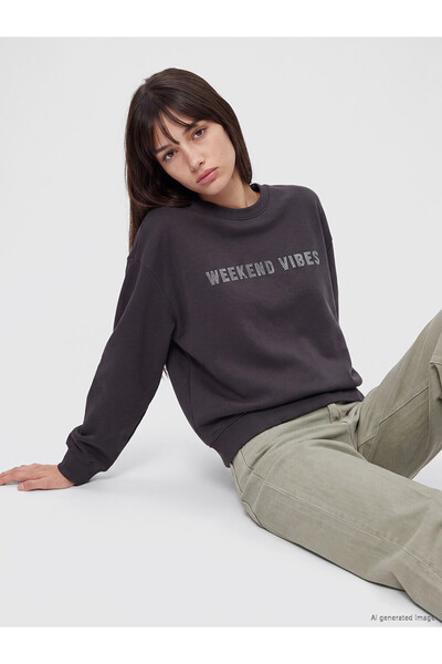 LC Waikiki Xside Anthracite Crew Neck Oversize Women's Sweatshirt