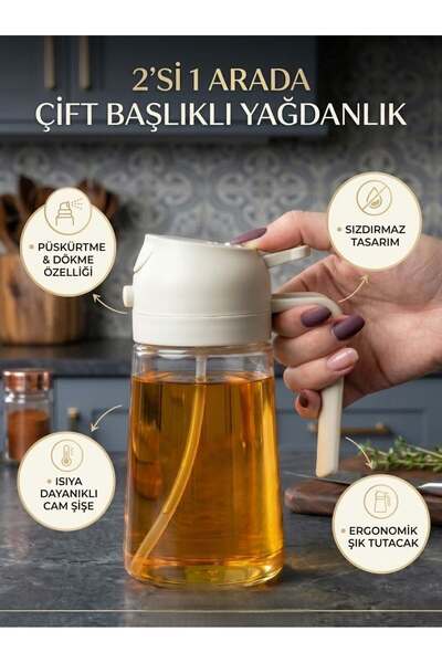 QesQin 2'si 1 Arada Mutfak Tipi Cam Yağ Spreyi Ve Yağdanlık - Airfryer Ve Salata Uyumlu Damlatmaz Şişe