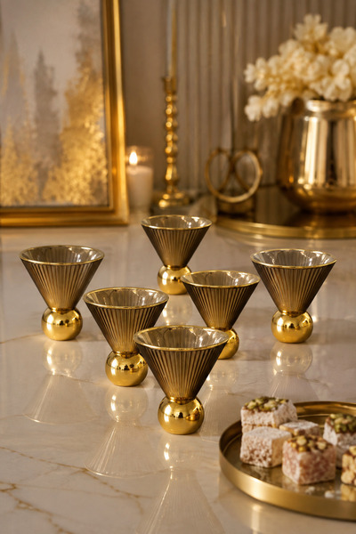 YzHome 6 Lı Gold Kaplama Cam Ayaklı Kahve Yanı Lokumluk İkramlık Sunumluk Kas...