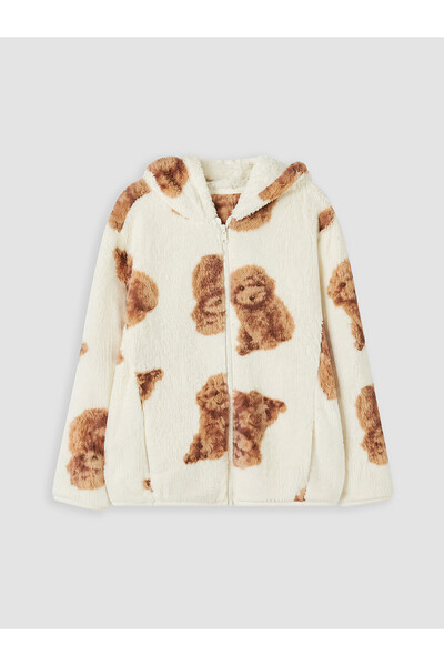 LC Waikiki Lcw Kids Ecru Hooded Printed Girls' Zippered Sweatshirt