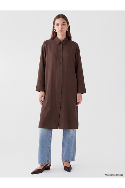 LC Waikiki Lcw Modest Brown Modal Blended Oversize Women's Shirt Tunic with N...