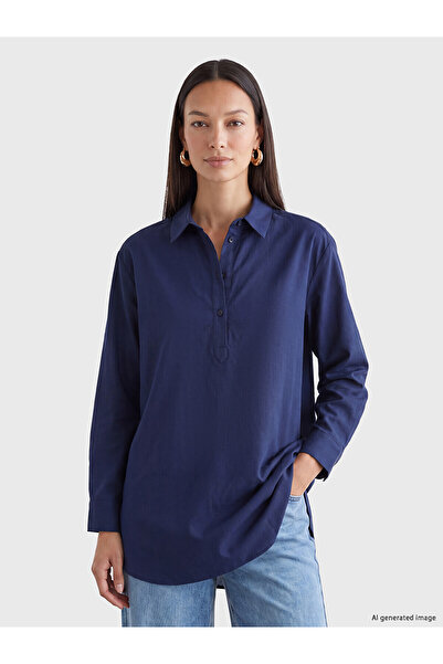 LC Waikiki Nevavm Navy Blue Oversize Poplin Women's Shirt Tunic with a Differ...