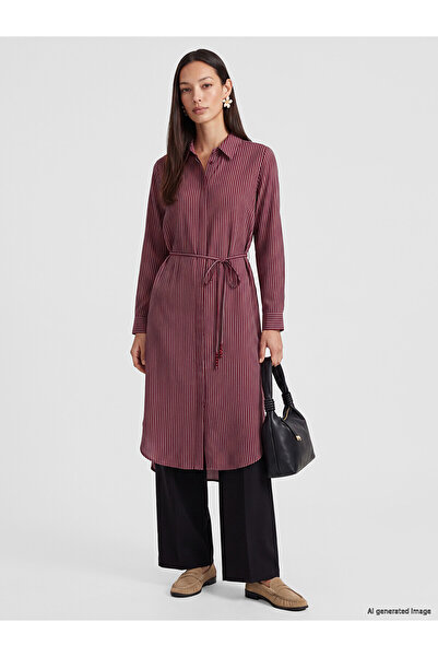 LC Waikiki Nevavm Farkıyla Lcw Everyday Burgundy Striped Oversize Women's Shi...
