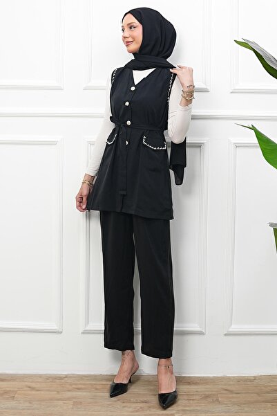 İmajButik Set vestă și pantaloni cu detalii din mărgele negre