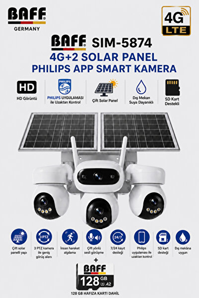 BAFF GERMANY SIM-5874 Çift Solar Panelli 4G SIM Kartlı 3 Lensli PTZ Akıllı Dı...