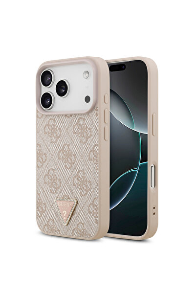 Guess iPhone 18 Pro Kılıf Lisanslı M-safeli PU Deri Taşlı Üçgen Logo 4G Desen...