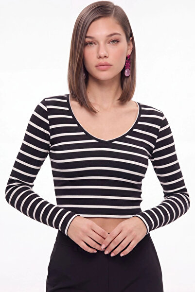 cemo Çizgili V Yaka Ribana Crop Bluz
