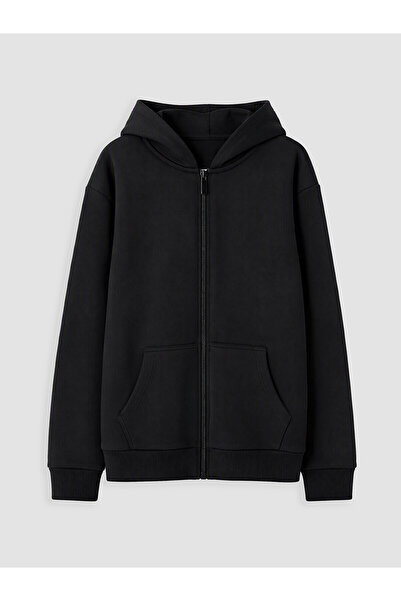 LC Waikiki Siyah Kapüşonlu Kalın Kız Çocuk Fermuarlı Sweatshirt