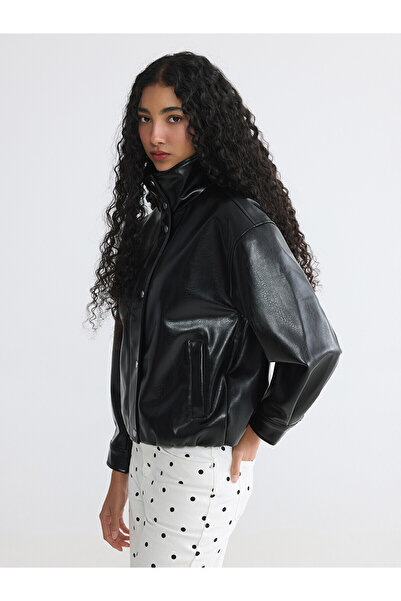 LC Waikiki Xside Black Stand Collar Women's Leather Look Coat