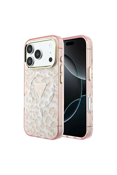 Guess iPhone 18 Pro Kılıf Orjinal Lisanslı M-safeli Üçgen Logolu Simli Leopar...