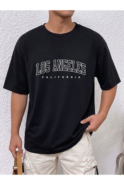 Flubutik Tricou negru Los Angeles California din bumbac organic, cu textură, ...