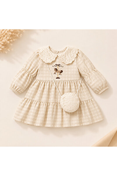 LİLİYUM Baby Girl Carousel Embroidered Checkered Lace Collar Dress with Bag L...