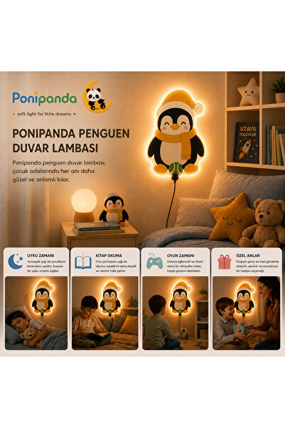 PONİPANDA PENGUEN TASARIMLI RENK DEĞİŞTİREN RGB LED ÇOCUK ODASI DUVAR GECE LAMBASI – UZAKTAN KUMANDALI