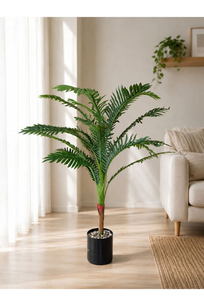 YAPAY ÇİÇEKÇİNİZ Taş Detaylı Siyah Saksıda 90 cm 12 Dallı Yapay Areka Ağacı