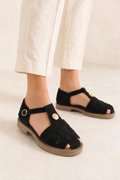 a ayak&kabım official Lady Genuine Leather Women's Sandals Black Fisherman Model Mesh Detailed Ankle Strap Daily Comfortable