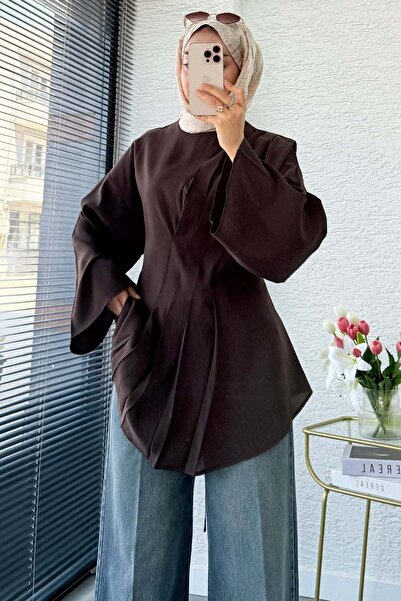 MELEK ARAZ Premıum Omuz ve Önden Pile Detay Modal Bluz - Kahverengi