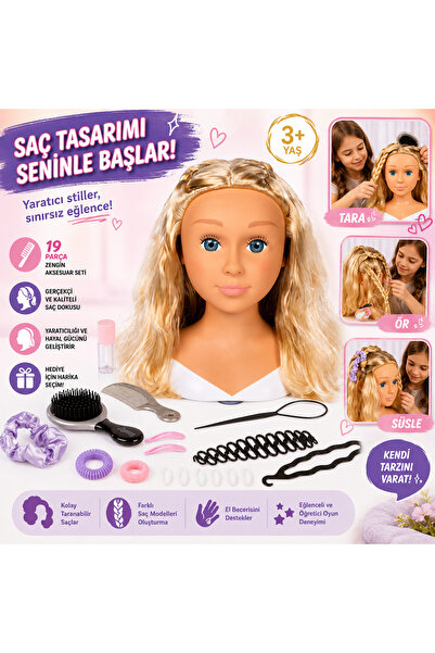 Cici Oyuncak Çocuk Kuaför Manken Kafası Saç Tasarım Seti – 19 Parça Aksesuarl...