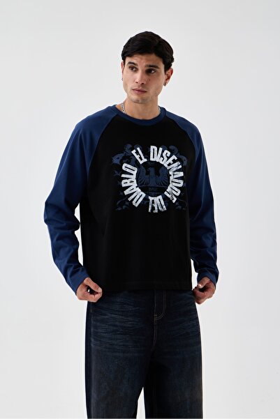 borz clo Double Color Eagle Printed Detailed Oversize Long Sleeve Tshirt