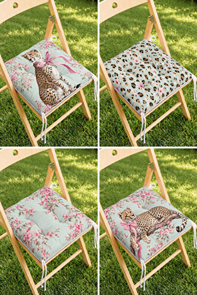 Home Leopar Figürlü Pembe Çiçekli ve Açık Mavi Desenli 4'lü Pofidik Sandalye ...