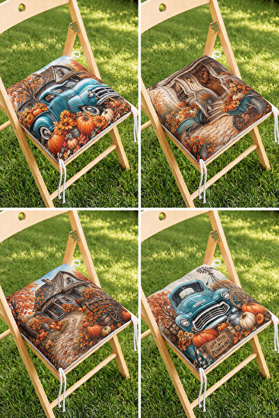 Home Sonbahar Temalı Vintage Turkuaz Kamyonet, Kabak ve Çiçek Desenli 4'lü Po...