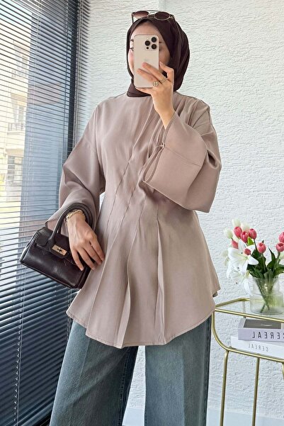 MELEK ARAZ Premium Shoulder and Front Pleated Modal Blouse - Mink