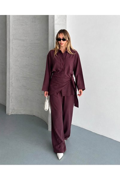 CELITA Women's Tencel Gabardine Scarf Shirt & Wide-Leg Pants Bottom - Top Set