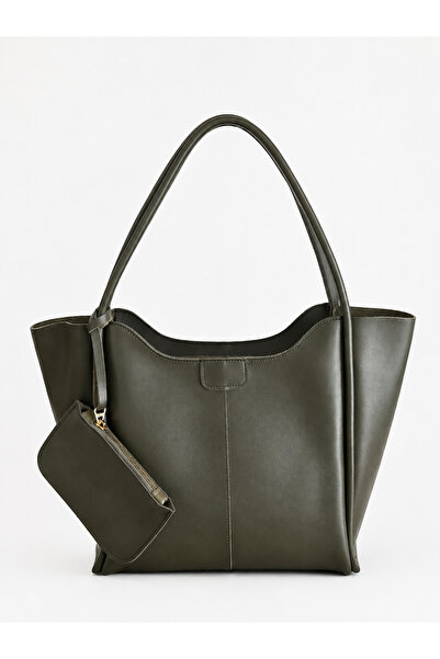 For Art Atölye Kadın Haki Büyük Boy Omuz Çantası Cüzdanlı Günlük Shopper Çanta