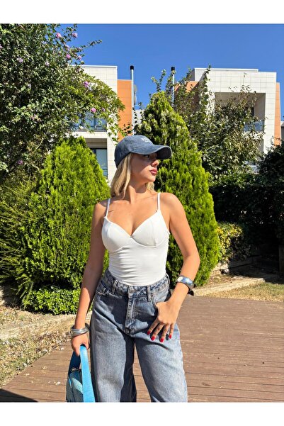 MODA Kadın Beyaz Kendinden Destekli Kuplu İnce Askılı Body