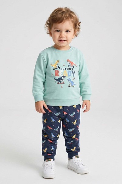 Dmb Baby Boy 1-3 Years Old Dinosaur Printed Tracksuit Set Green