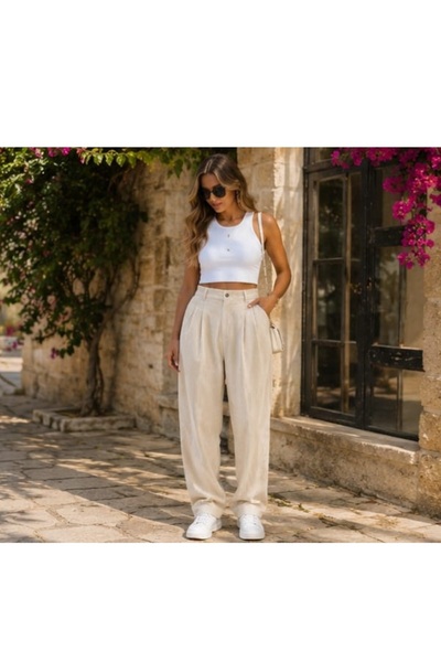 Butik Karaca Pantaloni palazzo largi, cu talie elastică la spate, din țesătur...