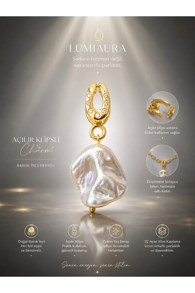 LUMİAAURA ALTIN KAPLAMA AÇILIR KLİPSLİ DOĞAL BAROK İNCİLİ CHARM