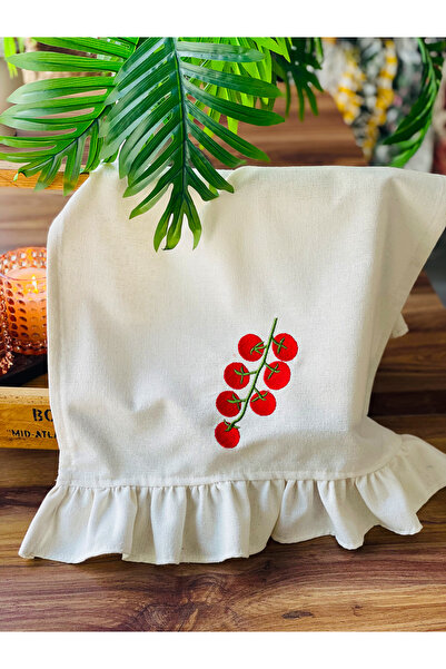 HOME OF BLOSSOM Raw Linen Tomato Embroidery Ruffled Kitchen Cloth 40*60cm