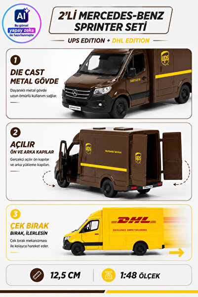 YILDIRIM OYUNCAK Die Cast Mercedes-Benz Sprinter Kargo Arabası 2'li Set 12,5cm – 1:48 Ölçek Metal Açılır Kapılı Çek Bırak UPS ve DHL Edition Model Araba