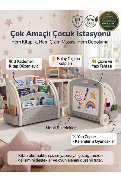 CREALISOL MontiMioong 3 Katlı Montessori Çocuk Kitaplığı Tekerlekli Oyuncak D...