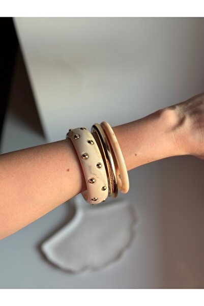 BBbutik Gold Detaylı Bej Kemik Bileklik Seti