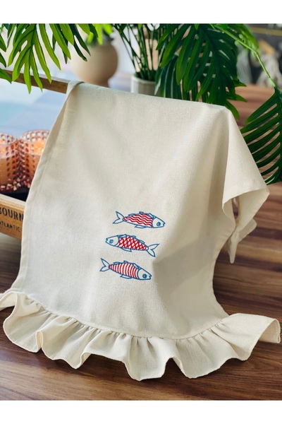 HOME OF BLOSSOM Raw Linen Sardine Embroidery Ruffled Kitchen Cloth 40*60cm