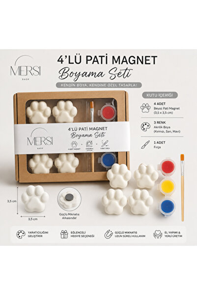Mersi SHOP 4’lü Pati Magnet Boyama Seti – 3 Renk Akrilik Boya ve Fırçalı Kend...