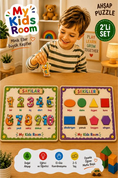 My Kids Room 2'li Ahşap Puzzle Seti Eğitici Öğretici Bul Tak Yapboz Sayılar v...