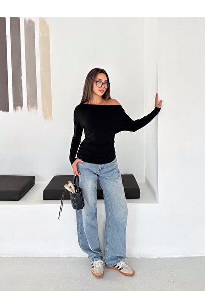 FEWTİNT Women's Black Off-Shoulder Boat Neck Long Sleeve Draped Waist Blouse