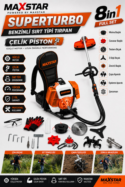 Maxstar 8IN1 Benzinli Sırt Tipi Tırpan Çelik Piston Süper Çapalama Eşeleme Canavar Zincirli Full Set
