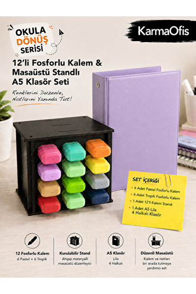 KarmaOfis 12-Piece Highlighter Pen Set + Wooden Desktop Stand + A5 4-Ring Lil...