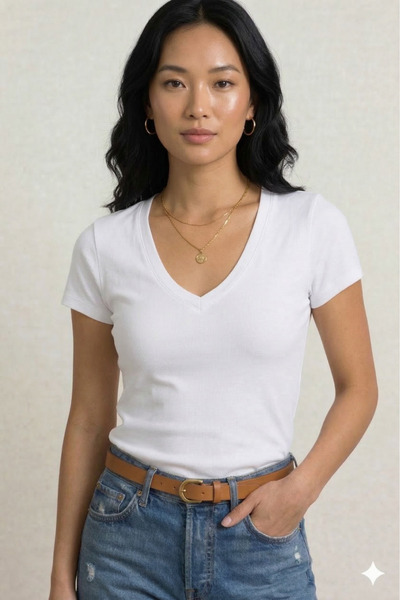 JUPEN Women's V-Neck Cotton Bodycon Basic T-Shirt