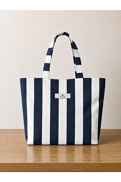 shop Gray Striped Large Beach Bag (42X58Cm)