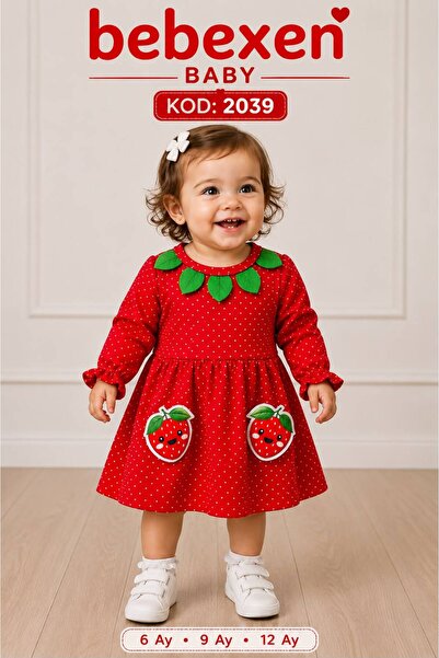 Özgün Baby Yaprak Yakalı Çilek Desenli Penye Kumaşlı Uzun Kollu Bebek Elbise