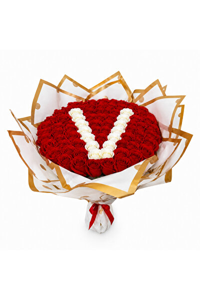 velve Buchet floral personalizat cu litera, din 65 trandafiri de sapun, Rosu-...